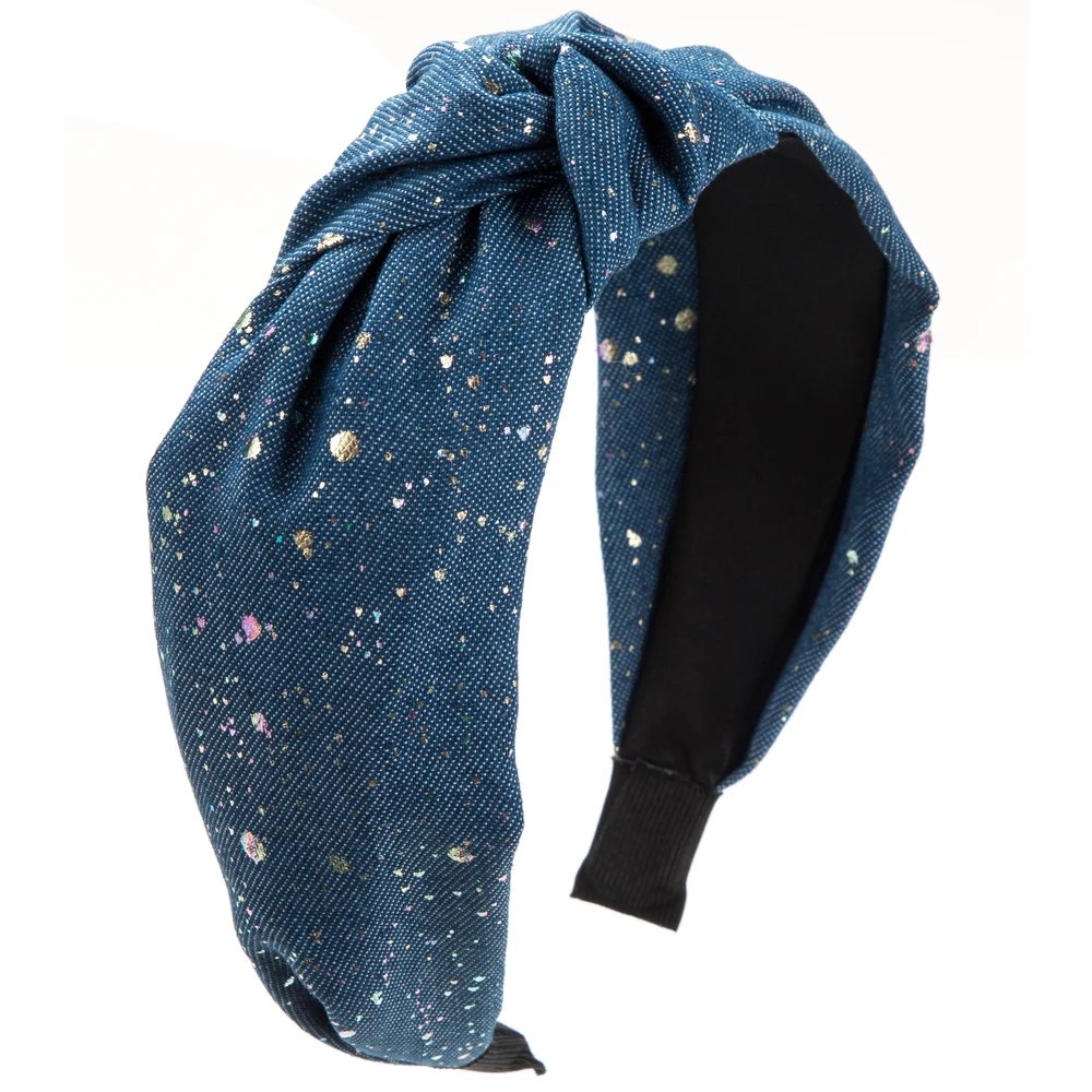 Fashionable New Denim Fabric Headband Creative Polka Dot Wide eEdge Knot High Skull Top Go Out Hundred Fold Headband For Women