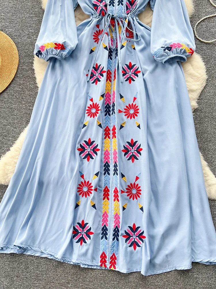 Women Spring Summer Vestidos French Sweet Embroidered V-Neck Drawstring Waist Wrap Retro Ethnic Style Fake Big Swing Dress D5823