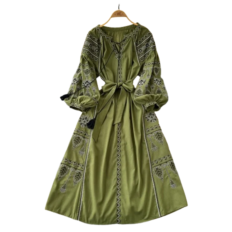 Bohemian Retro Ethnic Style Dress Women's New Spring Autumn Embroidered Lace Up Lantern Sleeves Waist Cinching Long Dress A155