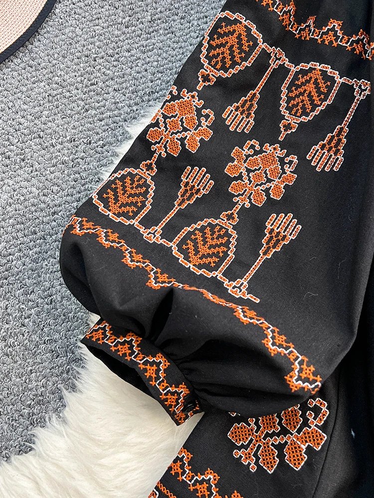 Bohemian Retro Ethnic Style Dress Women's New Spring Autumn Embroidered Lace Up Lantern Sleeves Waist Cinching Long Dress A155