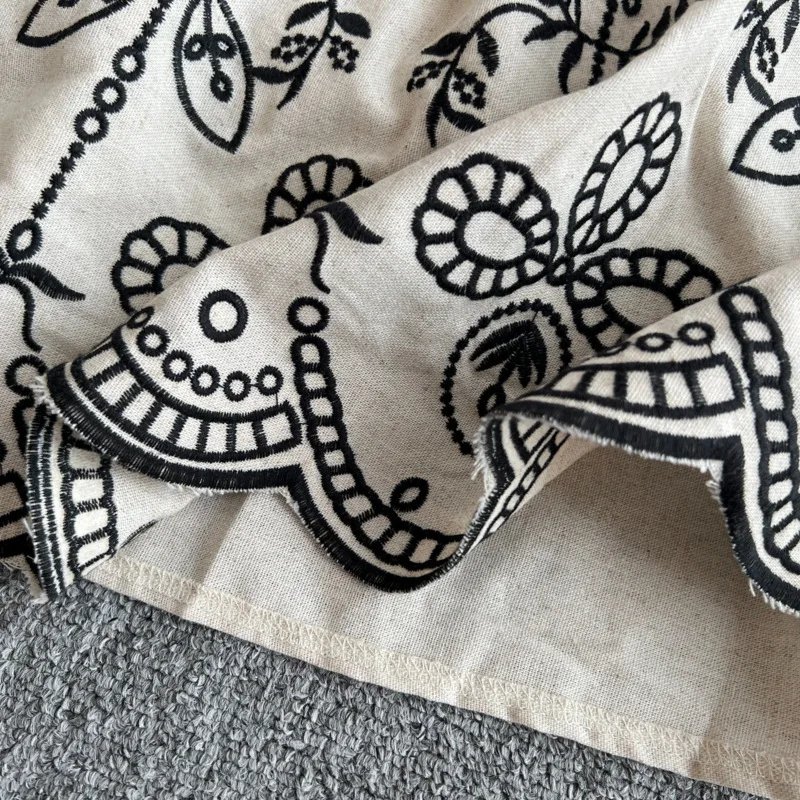 Colored Cotton Retro Ethnic Sle Embroidered Belted Round Ne Lantern Sve Dr Women's New 2025 A-Line Long Dr Korean Sle Commute