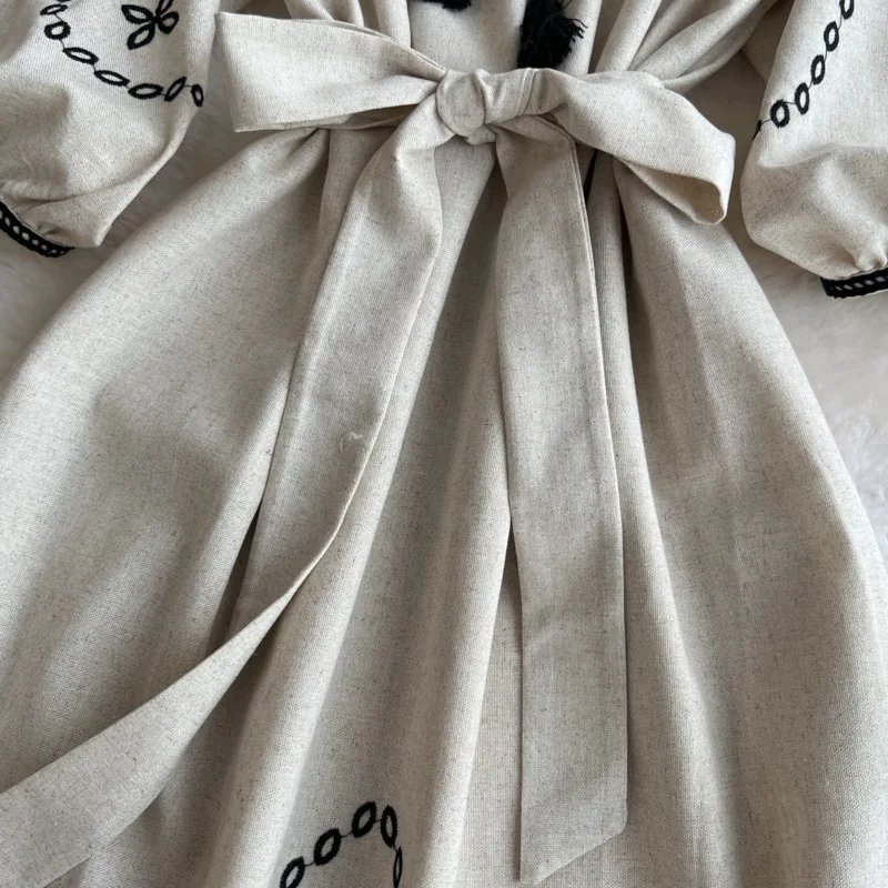 Colored Cotton Retro Ethnic Sle Embroidered Belted Round Ne Lantern Sve Dr Women's New 2025 A-Line Long Dr Korean Sle Commute