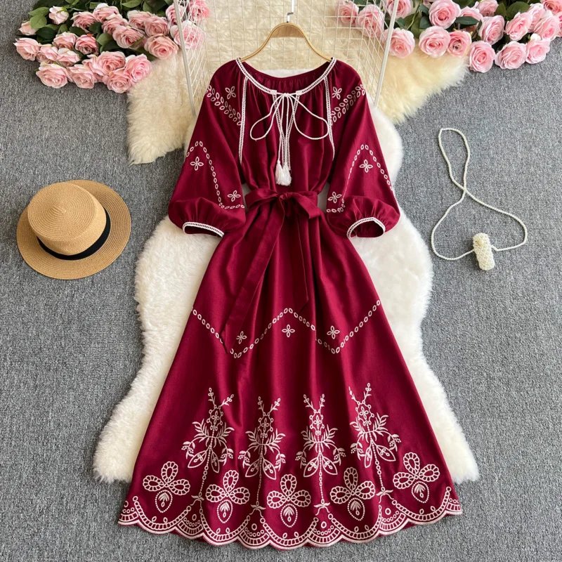 Colored Cotton Retro Ethnic Sle Embroidered Belted Round Ne Lantern Sve Dr Women's New 2025 A-Line Long Dr Korean Sle Commute