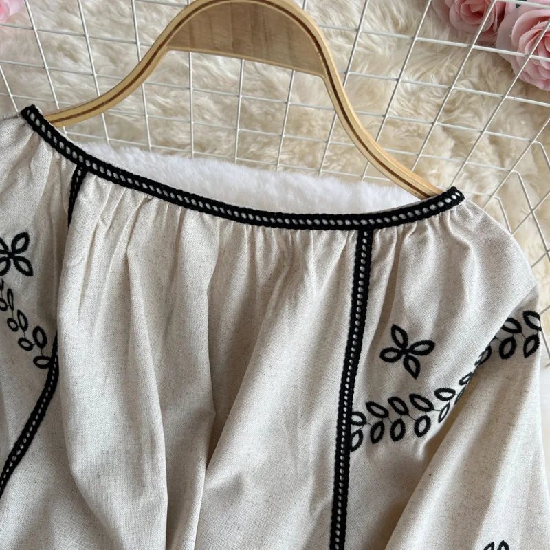 Colored Cotton Retro Ethnic Sle Embroidered Belted Round Ne Lantern Sve Dr Women's New 2025 A-Line Long Dr Korean Sle Commute