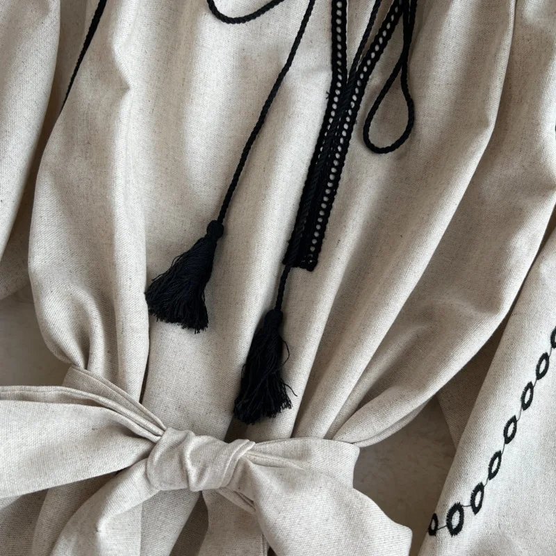 Colored Cotton Retro Ethnic Sle Embroidered Belted Round Ne Lantern Sve Dr Women's New 2025 A-Line Long Dr Korean Sle Commute